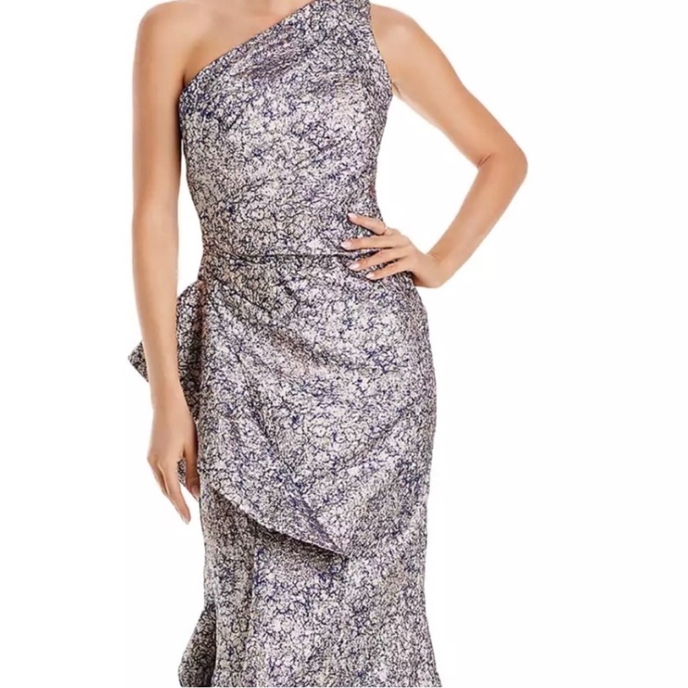 ✨Teri Jon for Rickie Freeman One Shoulder Jacquard Metallic Gown in Pink Lilac✨ - Picture 13 of 16